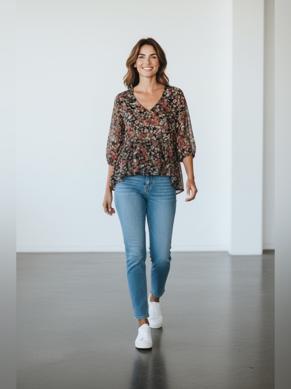 Full Tilt Floral Sheer Hi-Low Boho Style Top/Blouse Back Opening/Cutout Size M - Picture 13 of 13